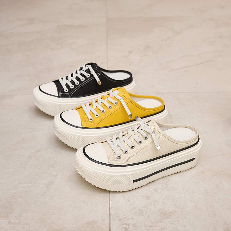 2026 Summer New Style Women's Open-Toe Thick-Soled Half-Slippers, Canvas Shoes for Outdoor Wear, Height-Increasing, Versatile, Breathable, Casual White Shoes