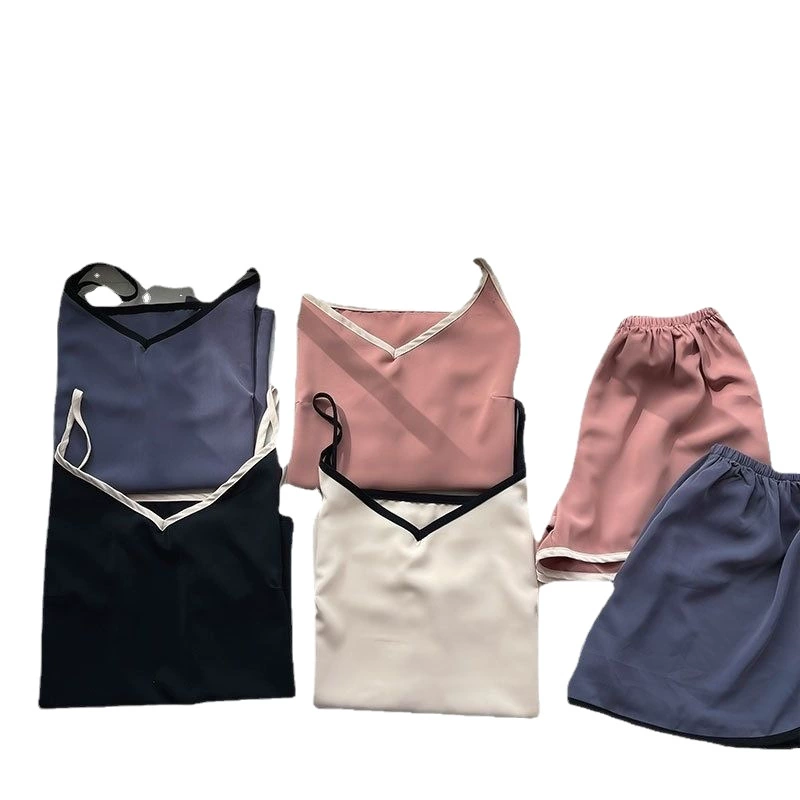 Летний пижамный комплект для женщин,camisole с V-воротом и шортами, подкладка чашек, свободный комфортный крой
