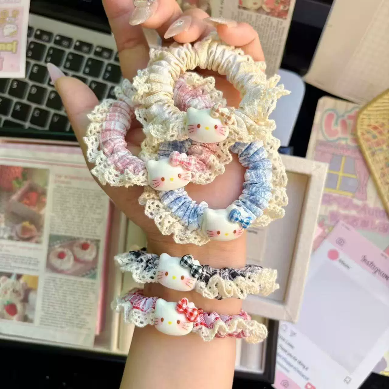 甜美蕾丝花边格子蝴蝶结猫咪发圈少女马尾小肠圈高颜值可爱发绳