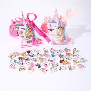 European and American New Children's Ring Box Set Cartoon Oil Dropping Alloy Unicorn Adjustable Ring Little Girl Gift