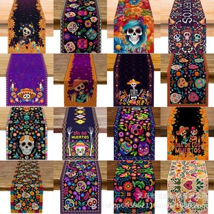 Cross Border New Watercolor Marigold Skull Death Day Table Towel, Sex Kitchen Table Decoration Outdoor Family Party