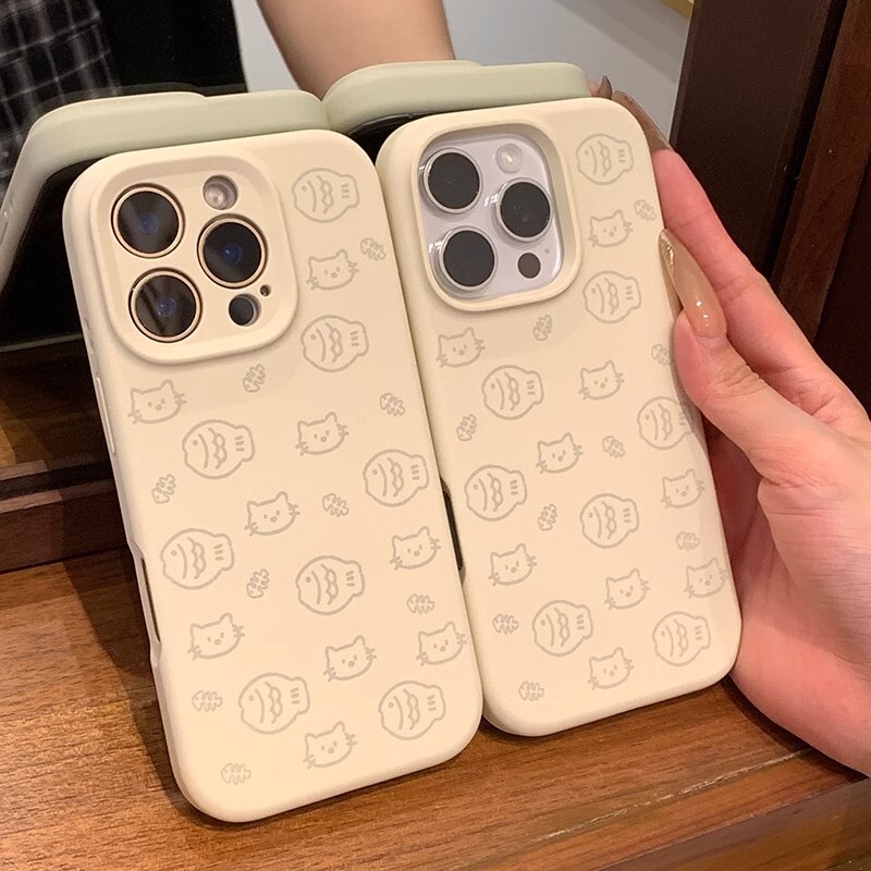 Rubber Fruit Ins Simple Line Art Small Fish Small Cat Liquid Silicone Suitable for iPhone 17 Pro Max Phone Case