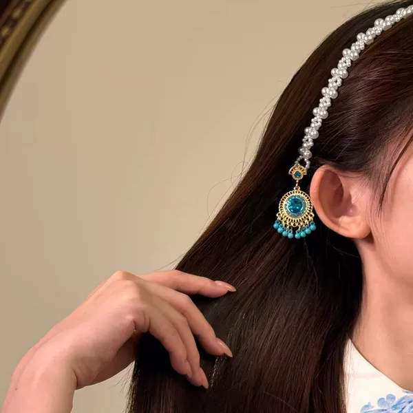 2026 New Model [Peacock Blue] Ethnic Style Pearl Tassel Hair Chain for Women Bohemian New Chinese Style Headband