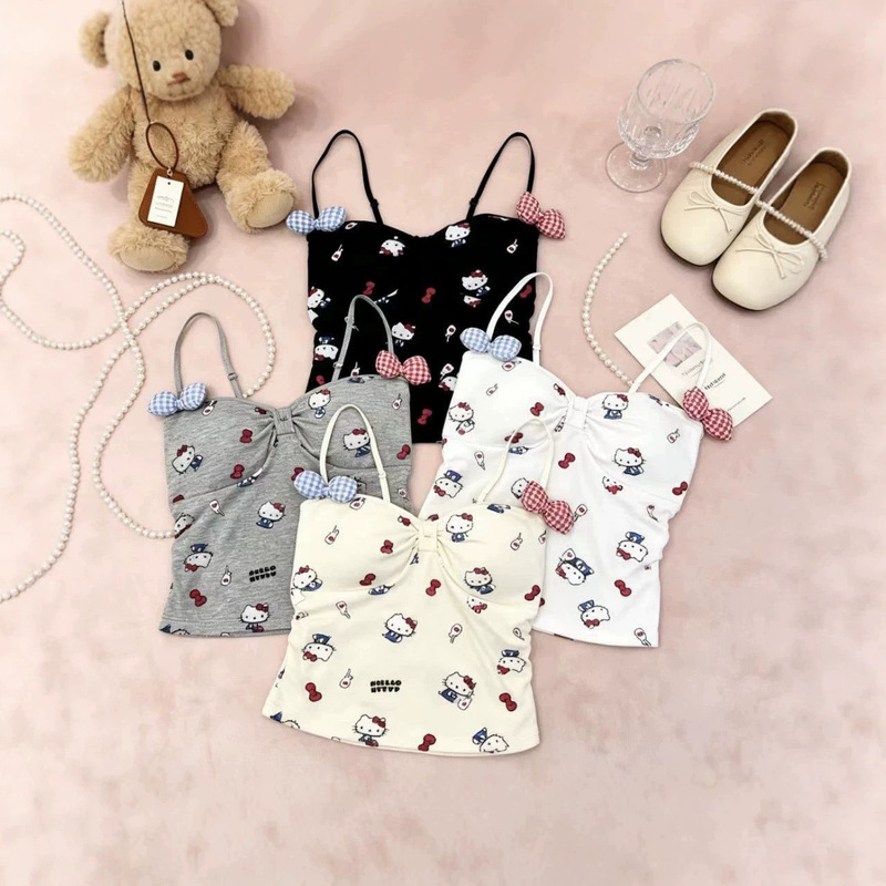 Sweet Cartoon Print Bowknot Camisole for Women, Summer Style with Chest Pads, Suitable for Inner or Outer Wear, Slim Fit, Trendy Top