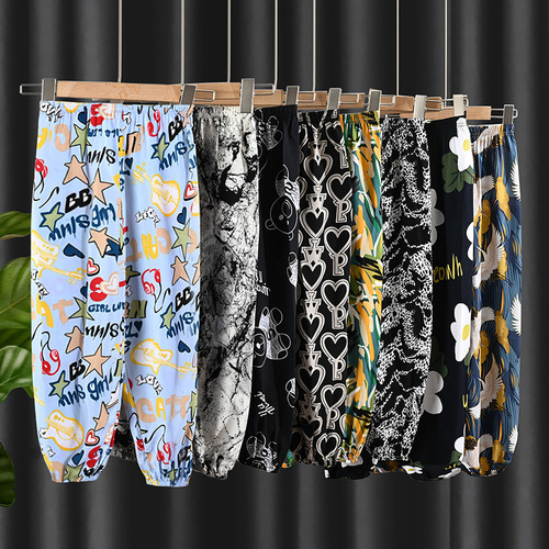Children's mosquito-proof pants pure cotton silk summer thin version for boys and girls, children's lantern pants family home pants for small children and babies sleep pants