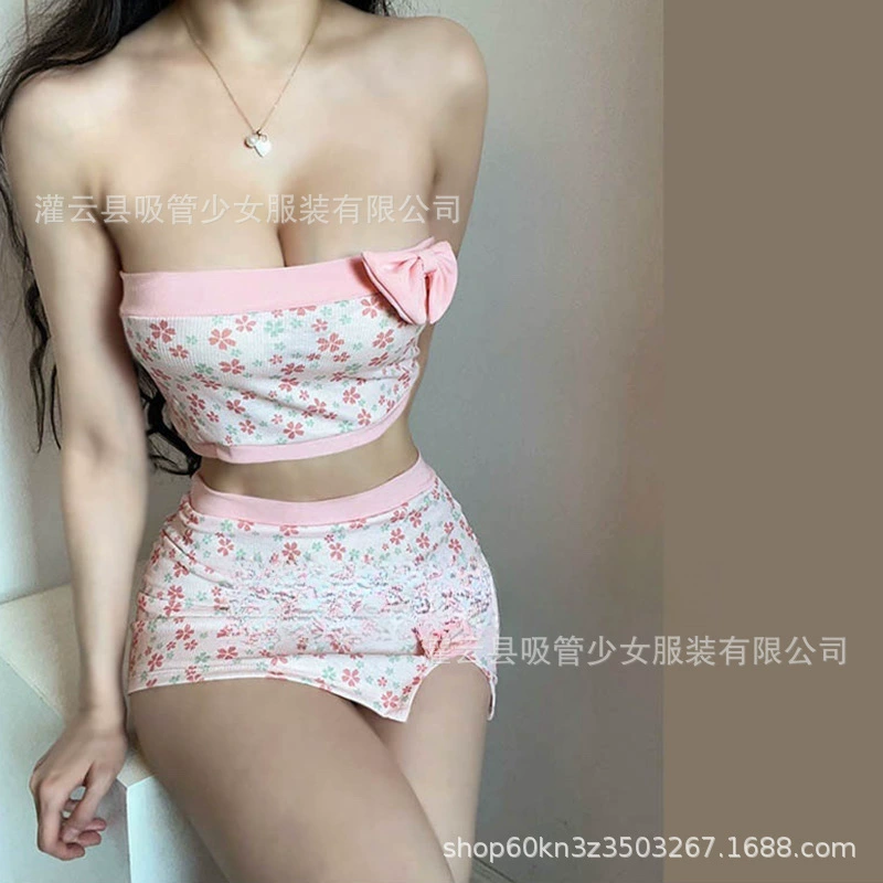 吸管少女 Tube top, cute mini-skirt with bow, sexy pijama, floral print