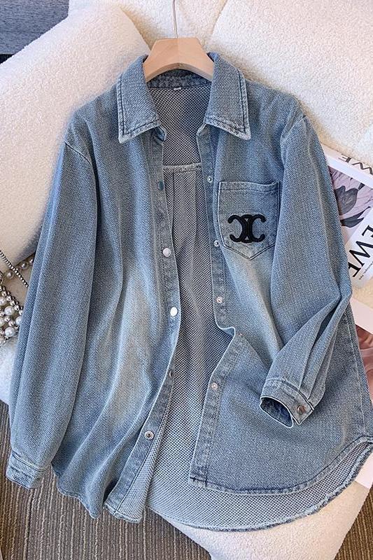 Retro Embroidered Denim Shirt Jacket for Women Spring & Fall 2025 New Korean Style Loose Mid-Length Slim Jacket Top