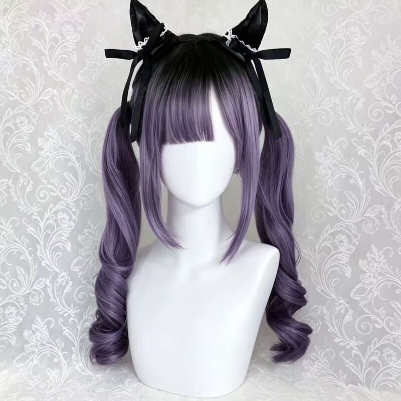 Purple Gradient Sweet and Cute Anime-Style Synthetic Wig with Natural-Looking Dyed Double Ponytails Full Headpiece