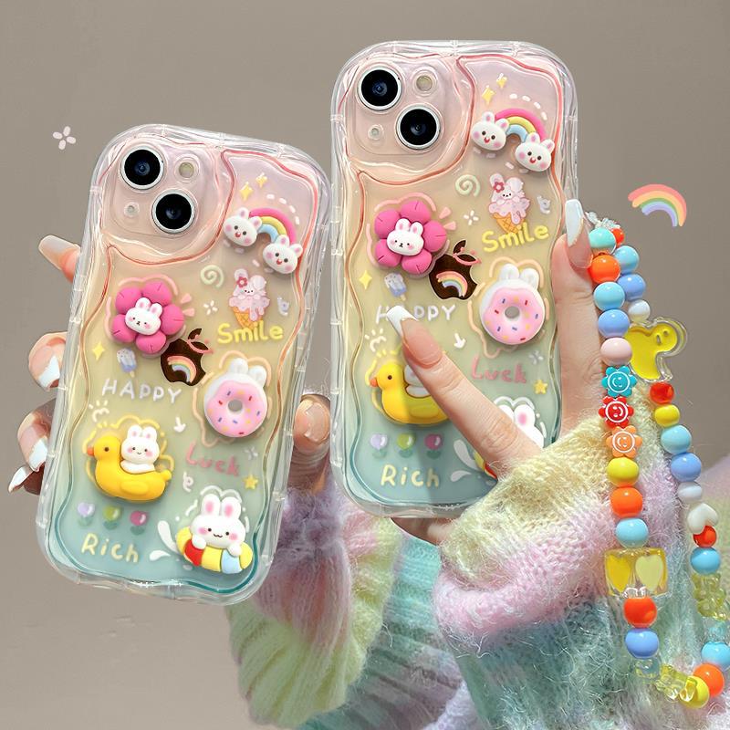 适用苹果14手机壳iPhone13promax小众防摔12透明彩色立体兔子链条