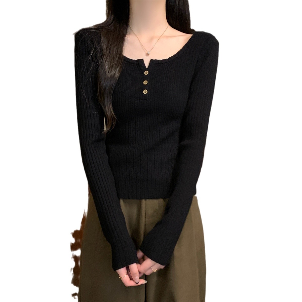 프랑스 스타일 스퀘어 칼라 버튼 니트 스웨터 가을과 겨울 한국 스타일 디자인 센스 내베이스 셔츠 스웨터 긴 소매 슬림 룩 탑