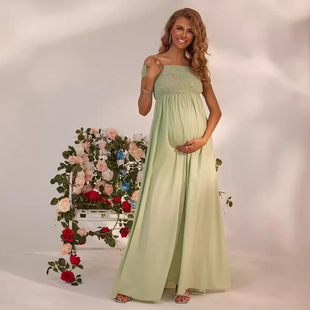 2024 New Cross-border Amazon European and American Women's High Waist Solid Color One-character Collar Sleeveless Pleated Maternity dress