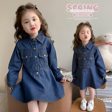 女小童春季长袖牛仔连衣裙2025新款儿童春秋衬衫领宝宝外套公主裙