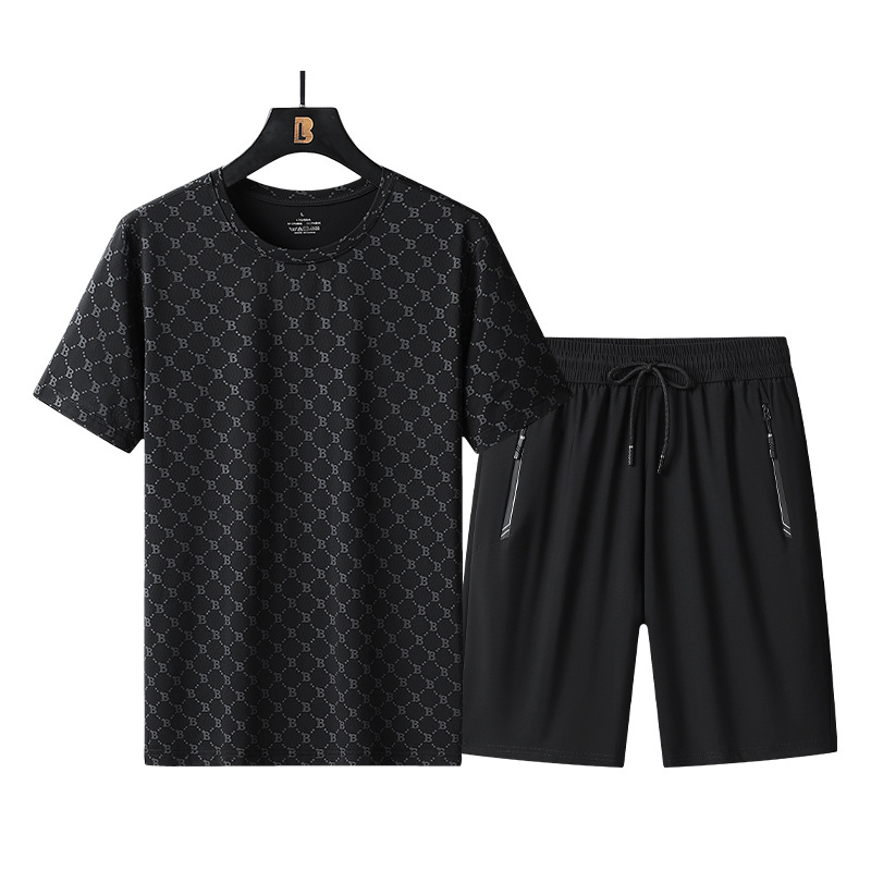 Nuevo traje de manga corta de seda de hielo para hombre Camiseta fresca de verano ropa de secado rápido cuello redondo traje de manga corta