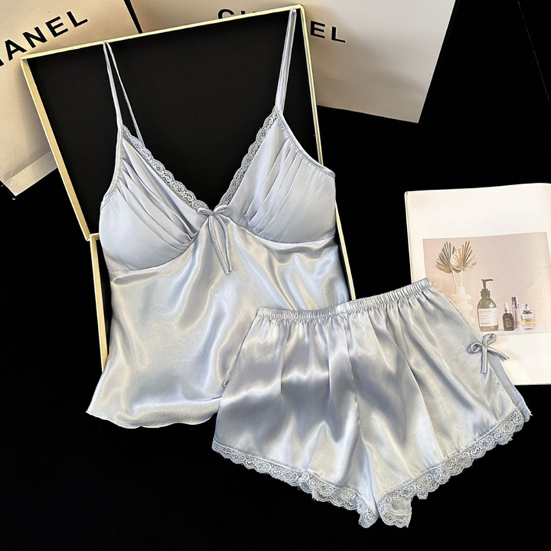 2026 Summer New Style Ice Silk Padded Pajamas, Feminine Sexy Suspender Shorts Two-Piece Set, Pure Lust Style Home Wear