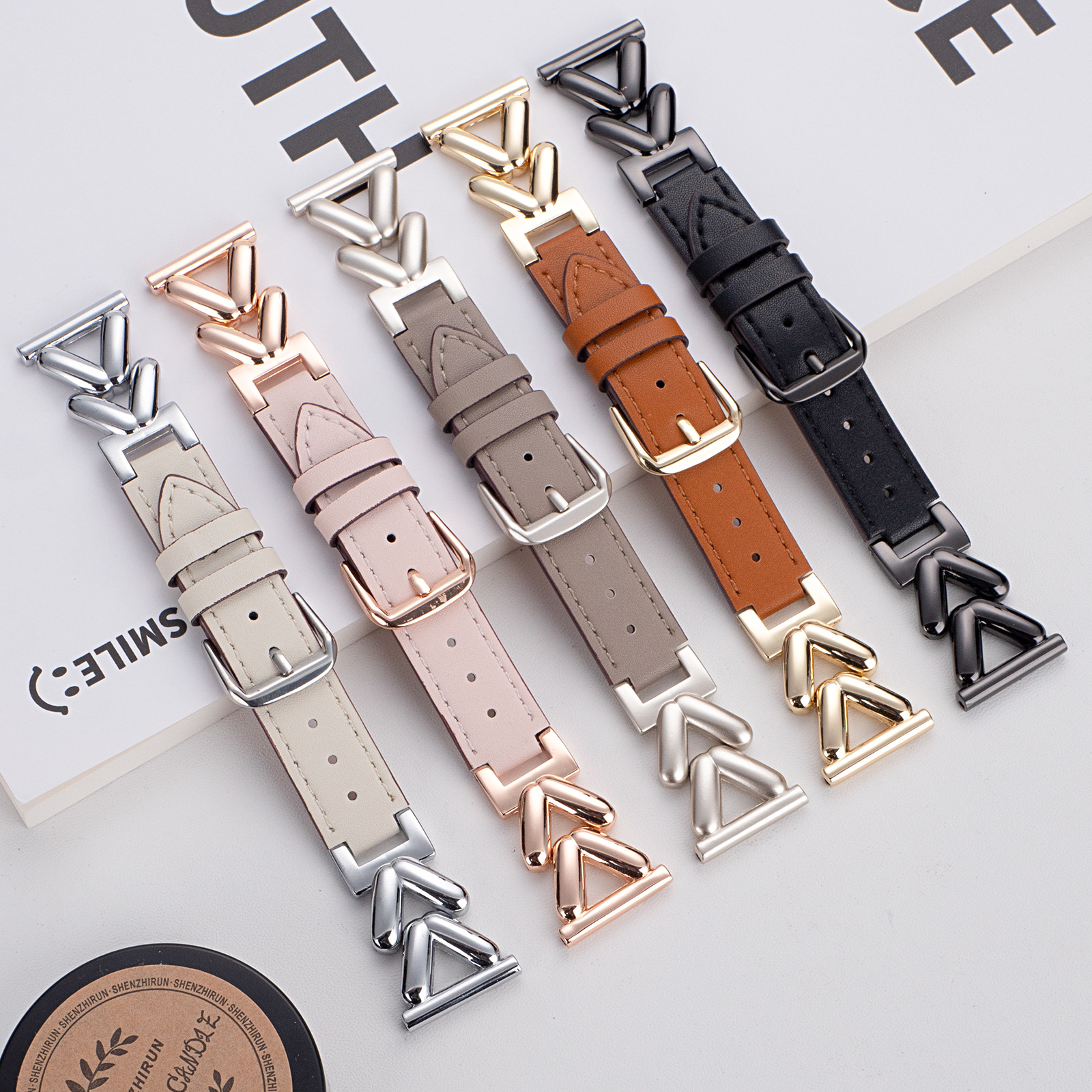For Apple applewatch8/9 Watch with Leather V-shaped Double Metal iwatch10 Women's Watch Strap
