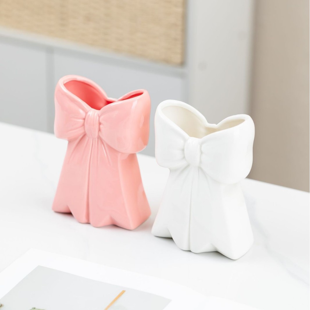 Jarrón de cerámica creativo con lazo, decoración de mesa para sala de estar, adorno de alta gama, arreglo floral artesanal.