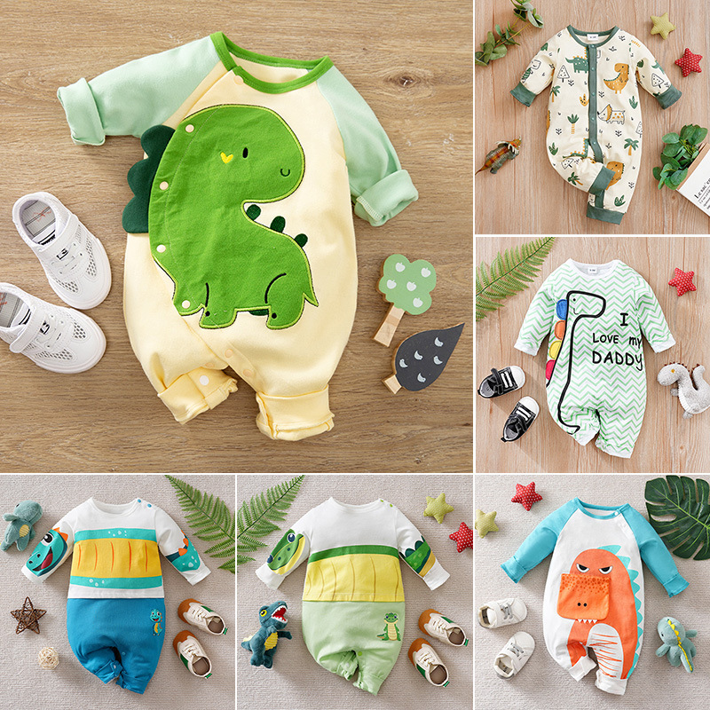 卡通恐龙婴儿连体衣棉春秋新生儿衣服ins长袖男女宝宝连身衣爬服