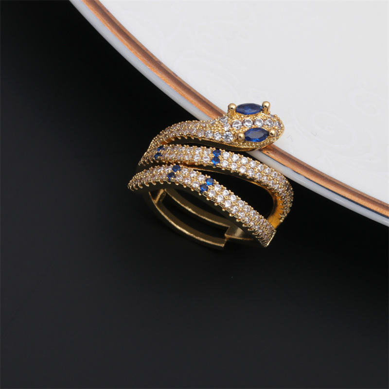 Fashion Colorful Oil Snake-shaped Open Green Zircon Copper Ring display picture 5
