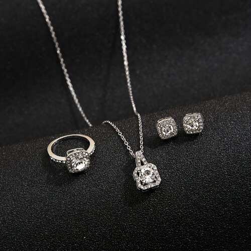 Export Hot Selling Pendant Square Cut Micro Inlaid Zircon Jewelry Set Fashion Elegance Necklace Earring Ring Three-Piece Set 