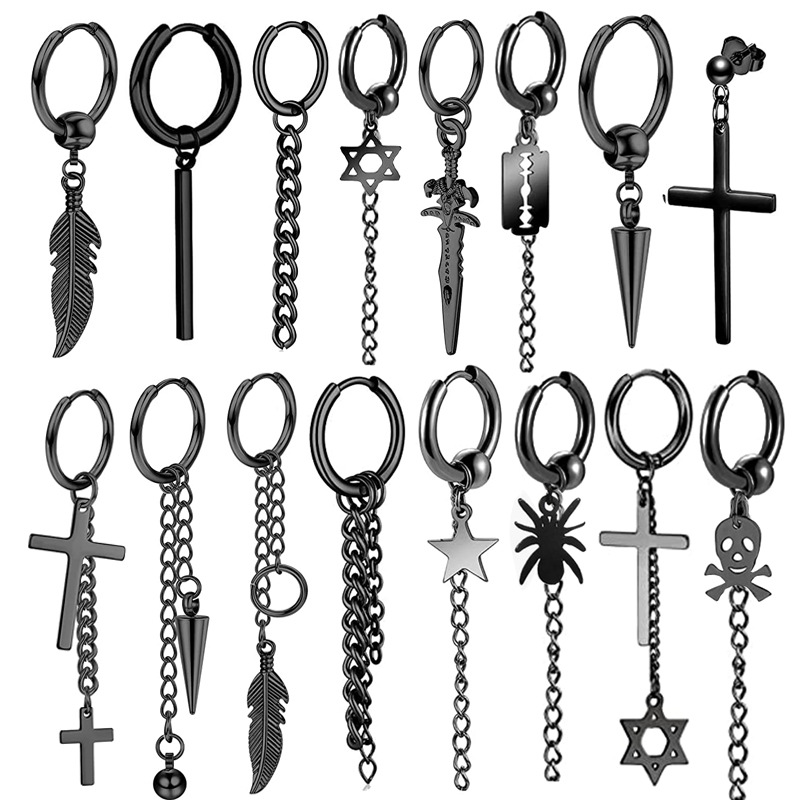 Black Series Punk Style Titanium Steel Ear Clip Ear Holes Ear Studs Men's and Women's Ear Earrings Fashion Korean Style Personalized Alien Earrings Batch