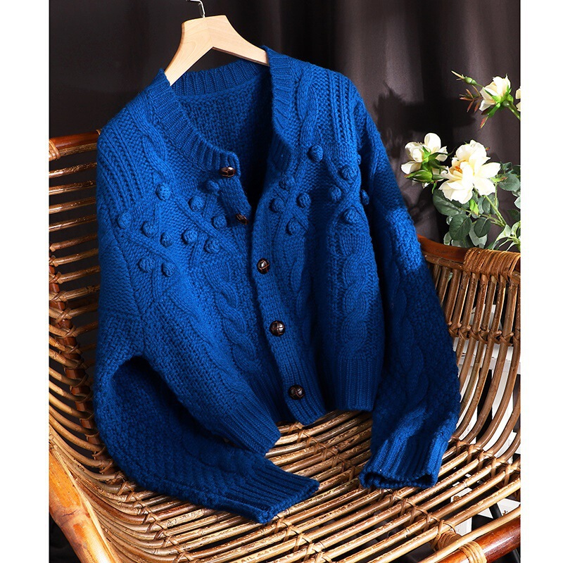 The Price Is so Affordable ~ Klein Blue Retro Thick Stick Needle Twisted Sweater Women's Autumn Loose Short Knitted Cardigan