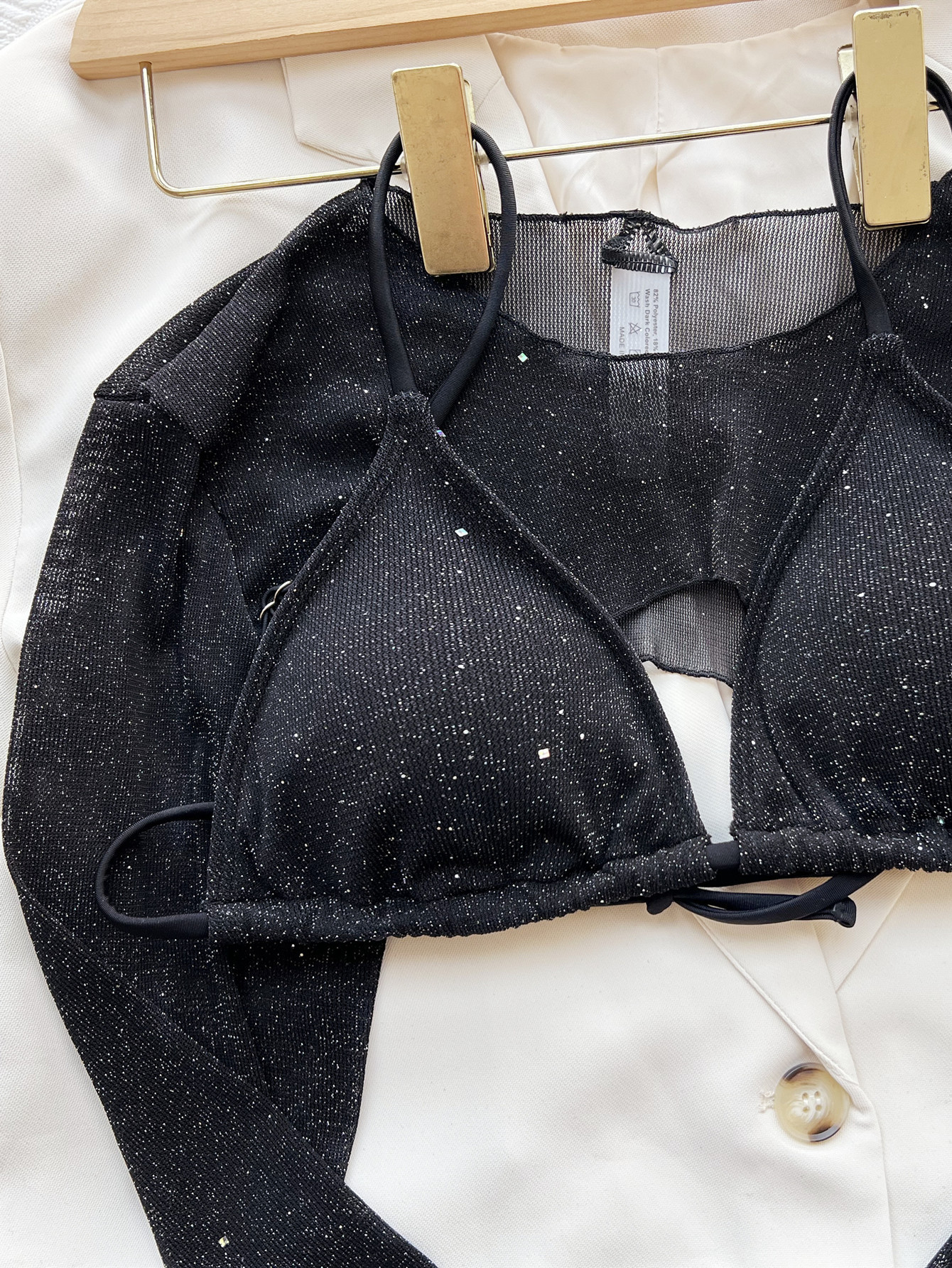 Swimming Pool, Beach Occasion Solid Color Pattern Women's Solid Color Sequins 3 Pieces Set Bikinis Swimwear
