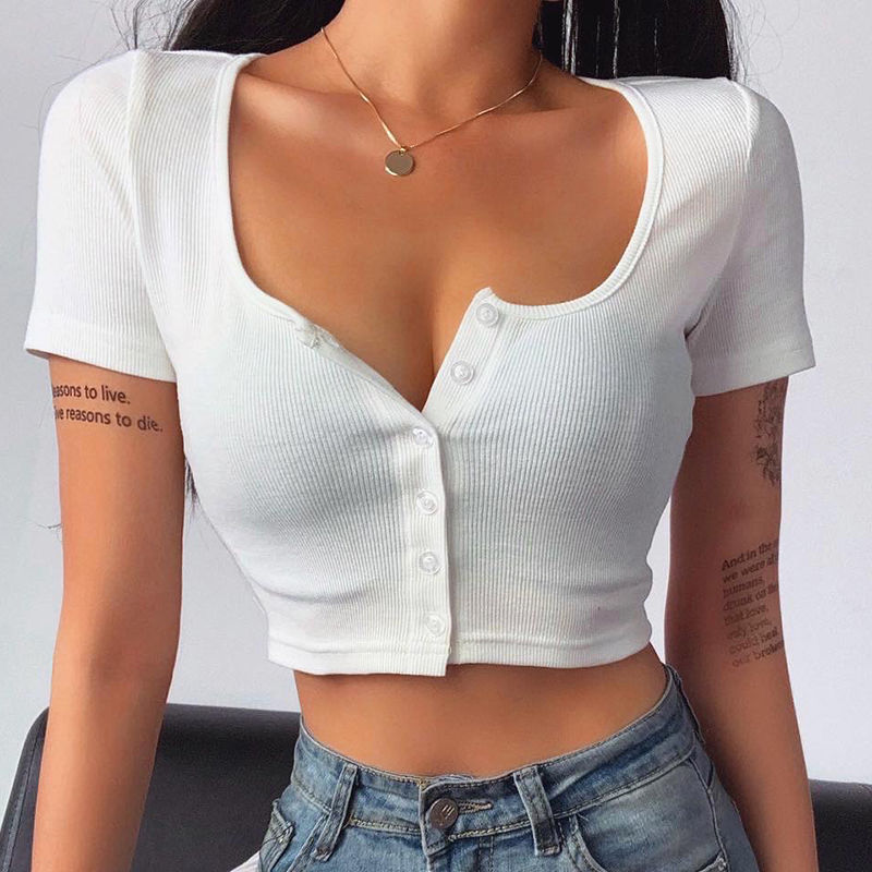 Camiseta de hombro blanca Verano de manga corta para mujer Nuevo ins SLIM-Fit adelgazar recortada chica caliente cuello cuadrado cardigan top