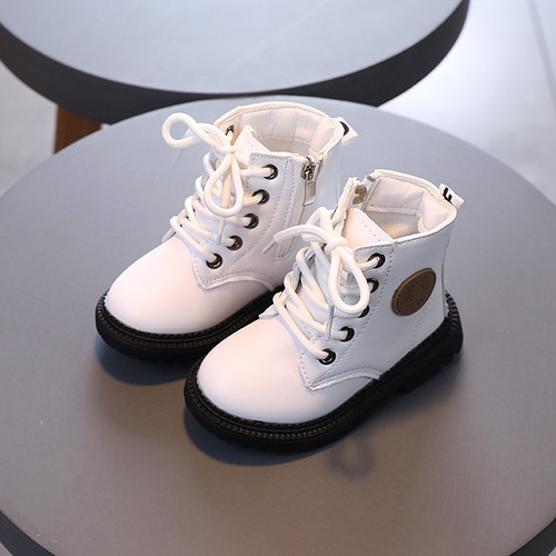 Autumn and winter new British style children's Martin boots for boys and girls soft leather anti-slip single boots baby lace-up zipper short boots