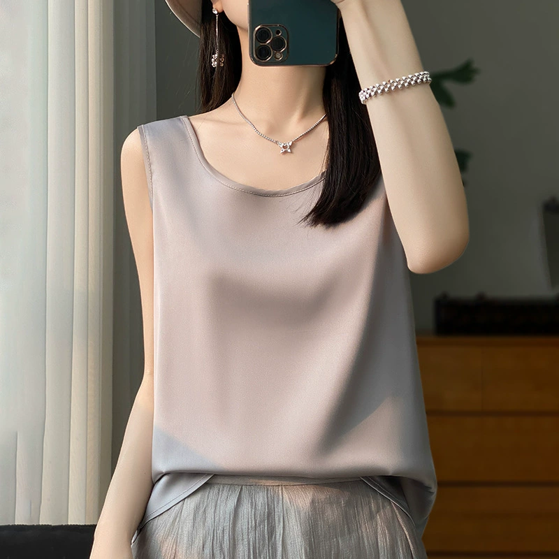 Шелковый камзол женский костюм 2024 новый уксусная кислота свободная атласная летняя шелковая рубашка черный