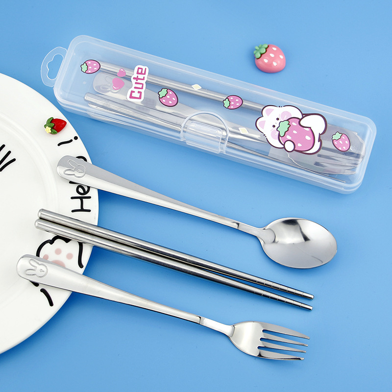 新しい漫画ポータブル食器 3 点セットステンレス鋼フォークスプーン箸学生かわいい食事食器セット|undefined