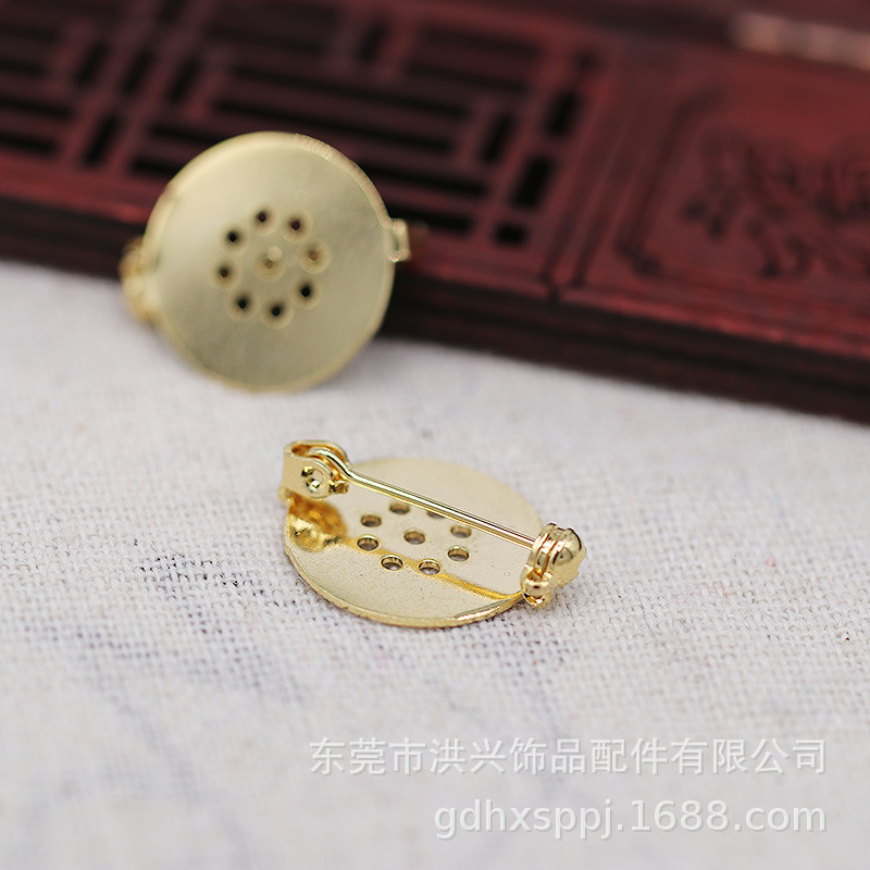 洪兴饰品保色镀金DIY圆形托盘安全别针配件胸花保险平面胸针B254