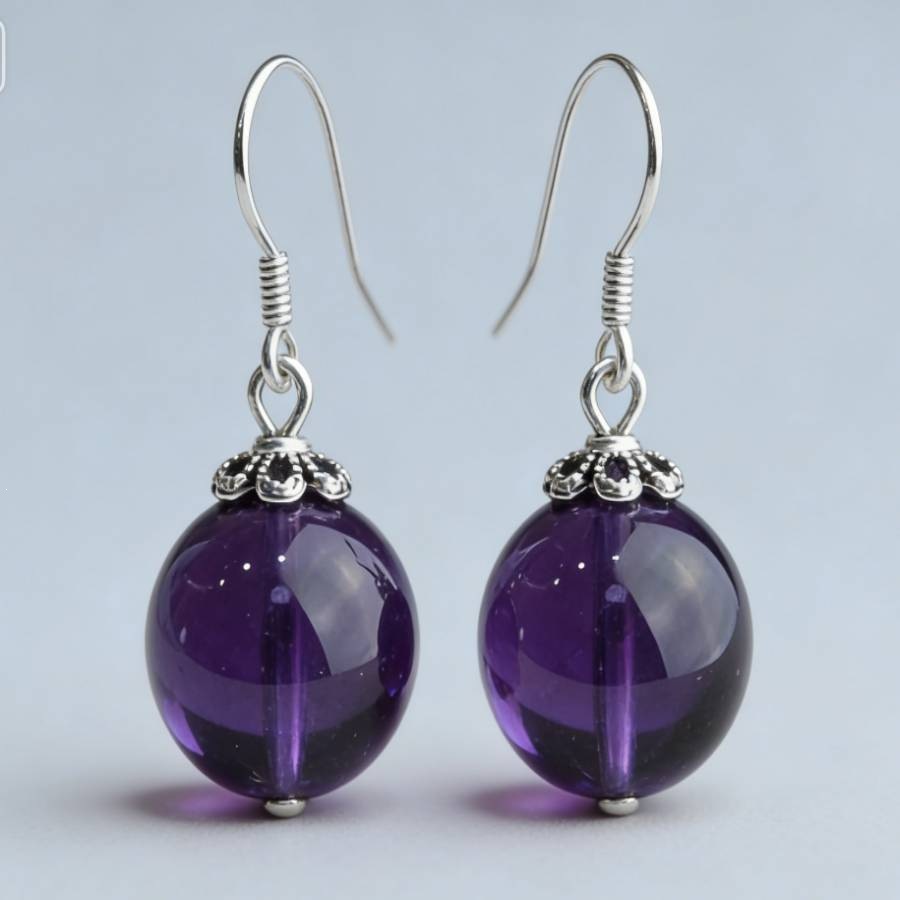 Natural Amethyst Round Bead Earrings for Women, New Chinese Style, Silver Hook, Vintage Elegant Earrings, Classic Ethnic Style