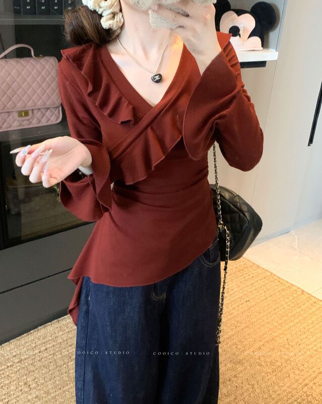 实拍2025秋装新款胖mm大码荷叶边V领长袖T恤辣妹不规则上衣80235|undefined