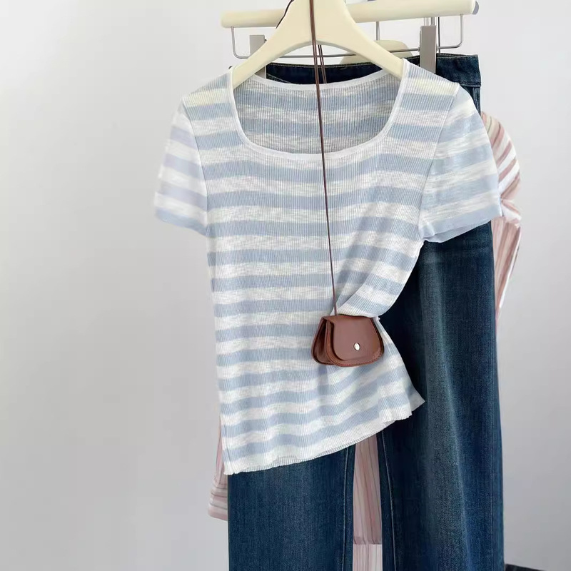 Real shot ~ 2024 summer new striped square collar short sleeve shoulder T-shirt knitted women's summer