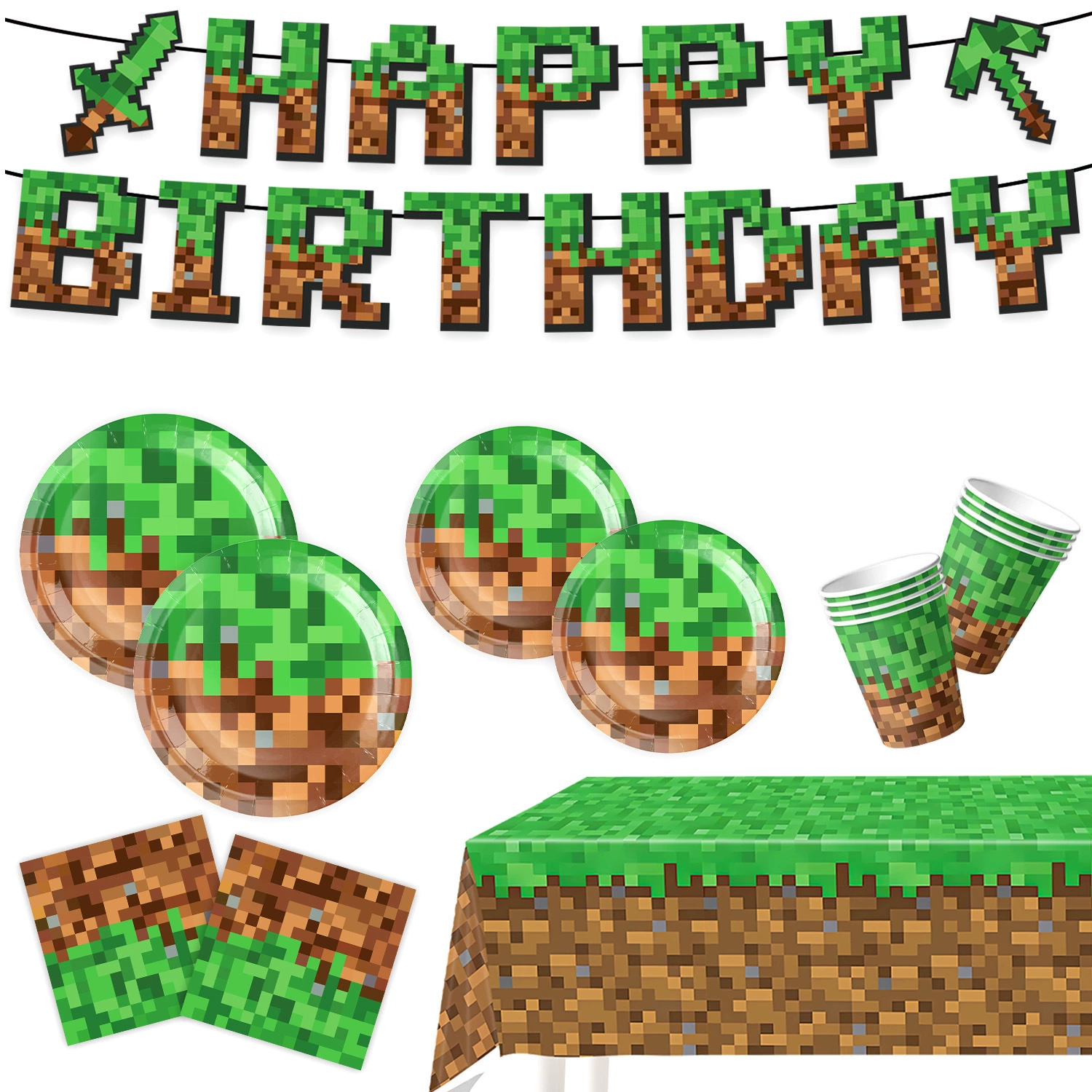 Party decorations set, Minecraft style, plates cups utensils balloons banner, packs 10–20 pcs