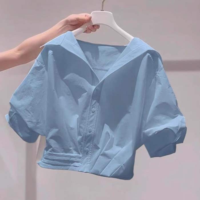 法式白色翻领泡泡袖衬衫女夏季2025新款甜美减龄慵懒风短款上衣潮|undefined
