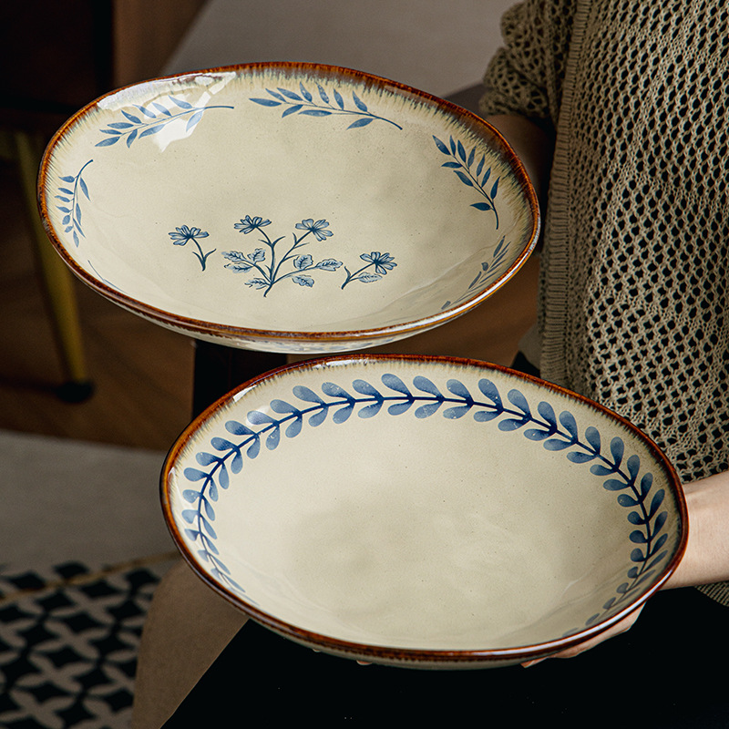 Hermoso plato de hoja de loto de 9 pulgadas, plato de ensalada de alta gama, plato hondo de cerámica de forma especial para exportación transfronteriza