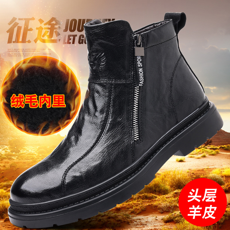 Primera capa de piel de oveja de los hombres Martin botas de cuero de alta overoles botas slip-on forrado de lana caliente de la motocicleta botas de cuero zapatos de los hombres de moda