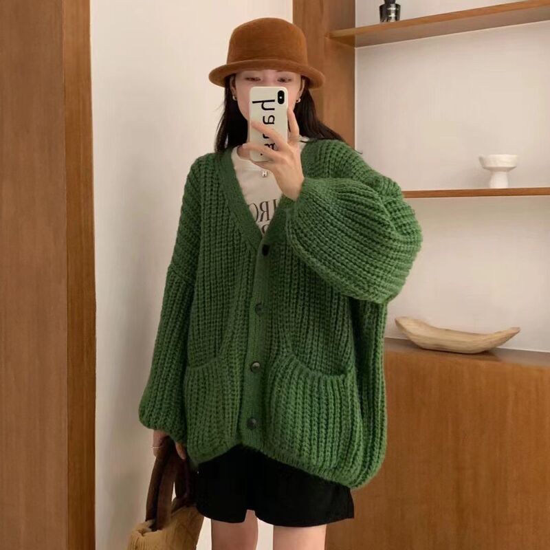 加厚粗线马海毛秋冬新款针织开衫女装宽松慵懒风复古休闲毛衣外套|undefined