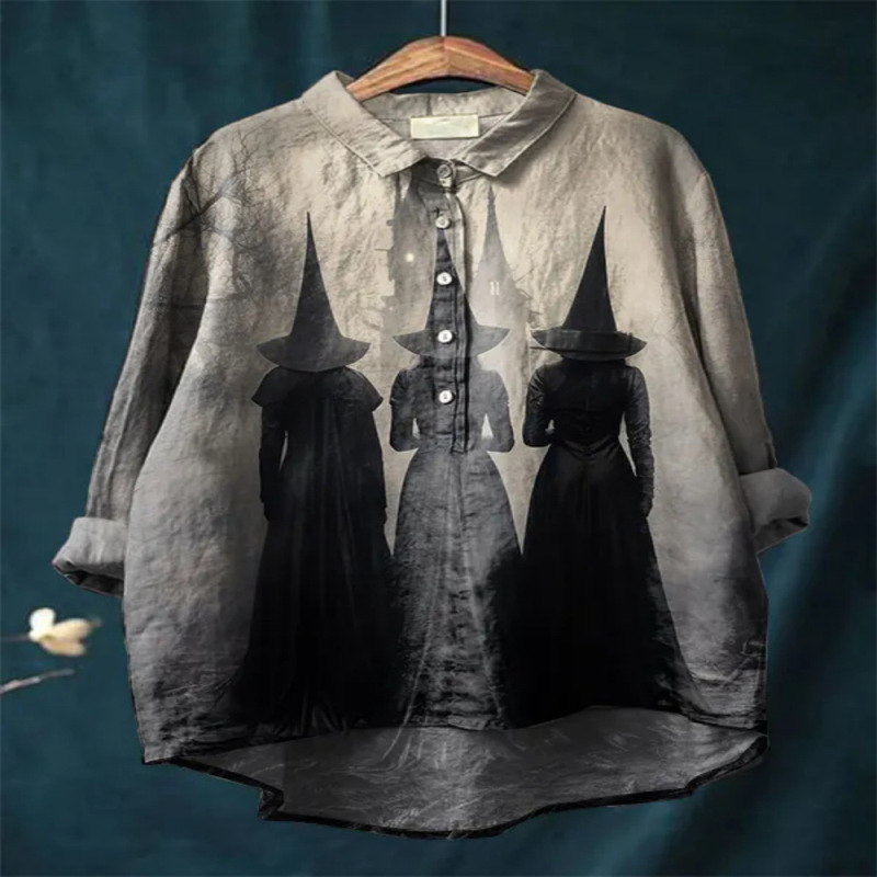 Halloween Cute Witch Digital Print Women's Casual Cotton and Linen Long Sleeve Casual Loose Shirt Halloween Cute Witch Digital Print Women's Casual Cotton and Linen Long Sleeve Casual Loose Shirt