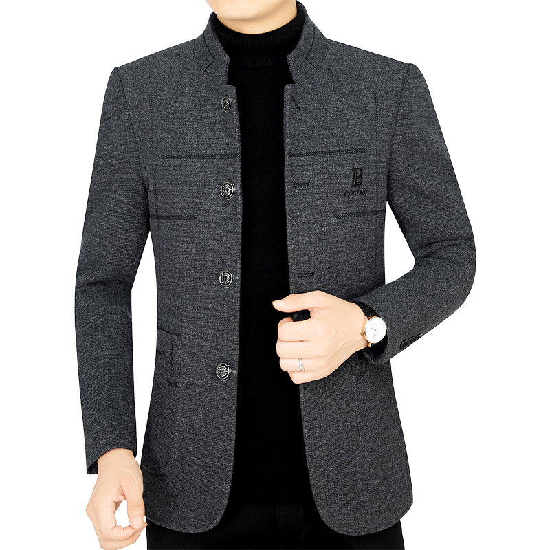 Chaqueta de lana gruesa para hombres de mediana edad, otoño e invierno 2025, cuello alto, estilo casual de negocios, abrigo de lana para papá