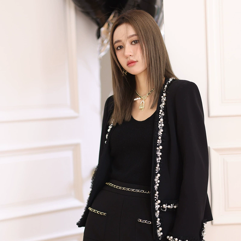«Anfona» Барселона Маленькое собственное пальто Black Classic Beads Bringing Женский топ Craccirt