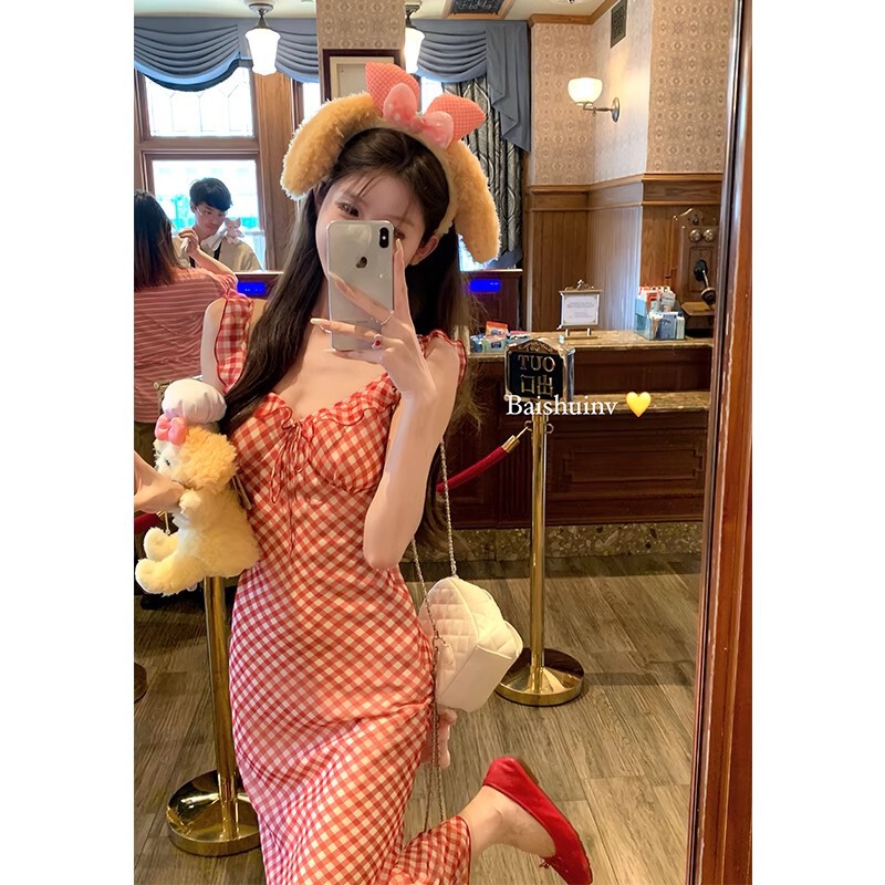 [Original Practice + Nei Li] Sweet French Red Plaid Sling dress Children's Holiday Wind Fish Tail Length