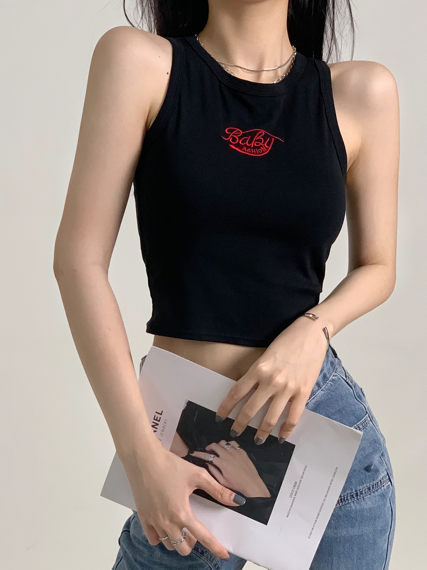 Spicy Girl Korean Version Pure Cotton Embroidered Letter Backless Vest With Chest Pad Anti-Exposure Short Top For Women_ecoleips.com