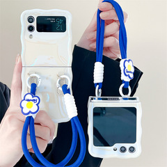 韓風適用藍光galaxy zflip3/4手機殼三星5代摺疊保護套花朵手提繩