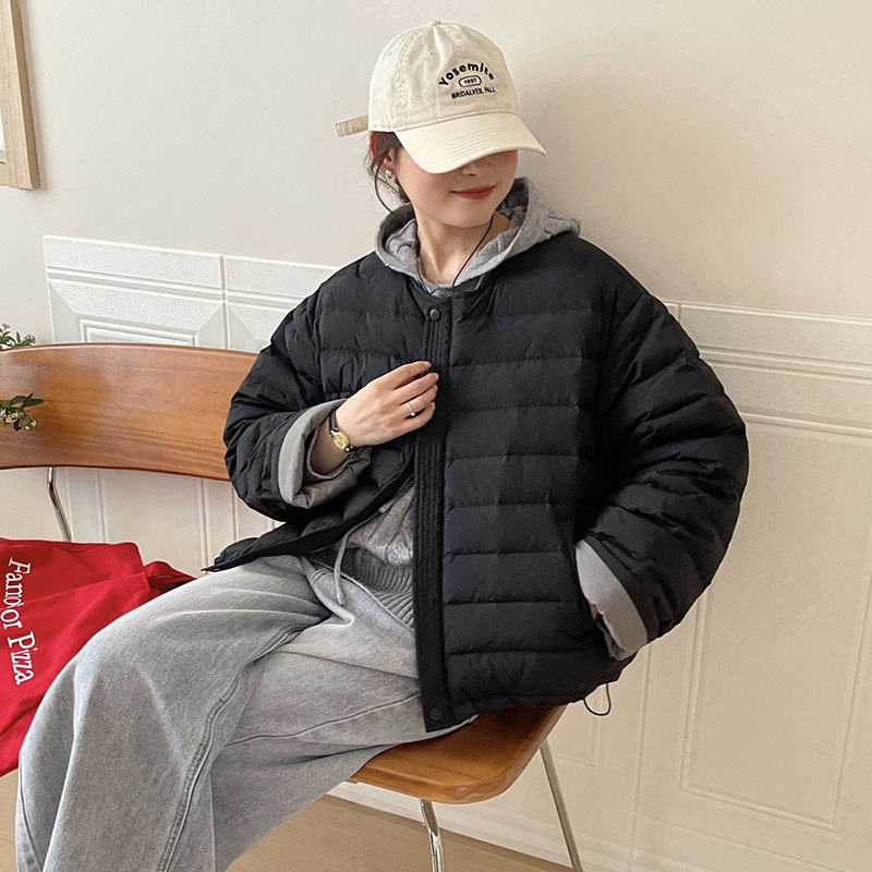 撞色圆领羽绒服女短款2025冬季甜美韩系小个子白鸭绒保暖排骨外套|undefined