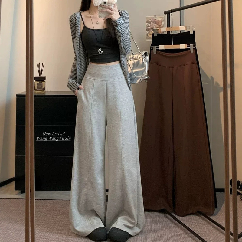 Gray high-waisted casual pants for women, autumn new style straight wide-leg pants, loose floor-length trousers