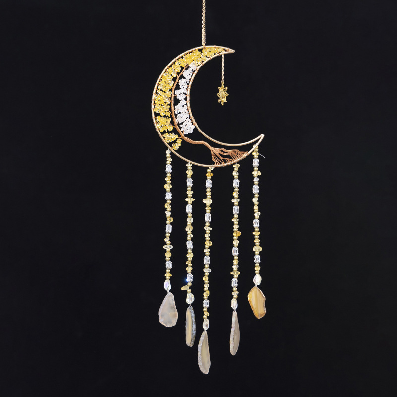 黃水晶碎石銅絲線樹月亮樹掛件瑪瑙片禮品跨境歐美生命樹