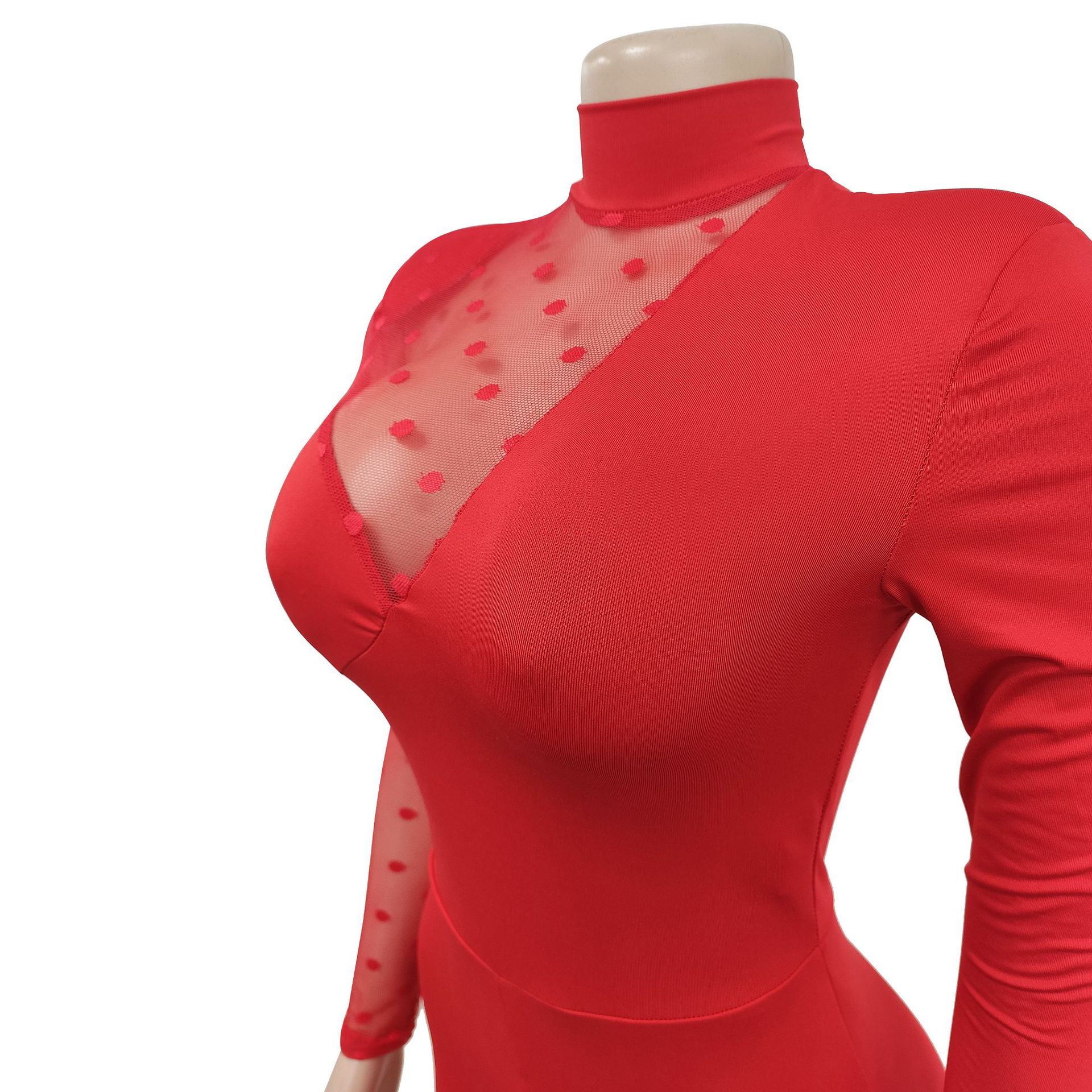 Women's Clothing fashion women's polka dot mesh see-through long-sleeved trousers solid color jumpsuit_voghion.com
