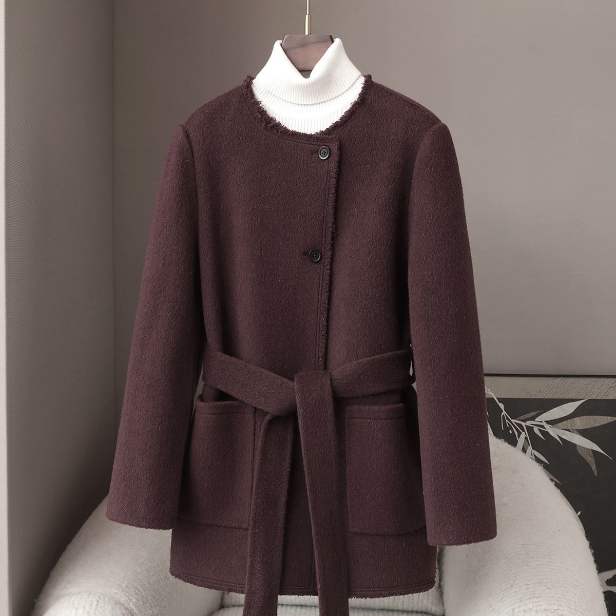 Small Quantity of Clothing 2025 Autum 100% Wool Double-Sided Woolen Outwear Casual Round Neck Lace-Up Double-Sided Woolen Outwear for Women